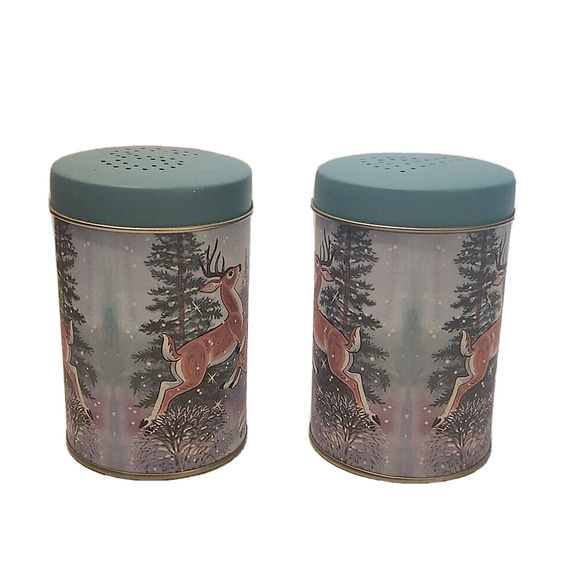 JSNY Prancing Deer Snow Christmas Teal Tin Salt and Pepper Shakers NEW - Picture 3 of 6